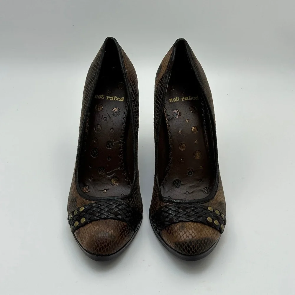 Not‎ Rated Pumps Womens 7.5 Brown Snakeskin Studded Woven Boho Indie Heels